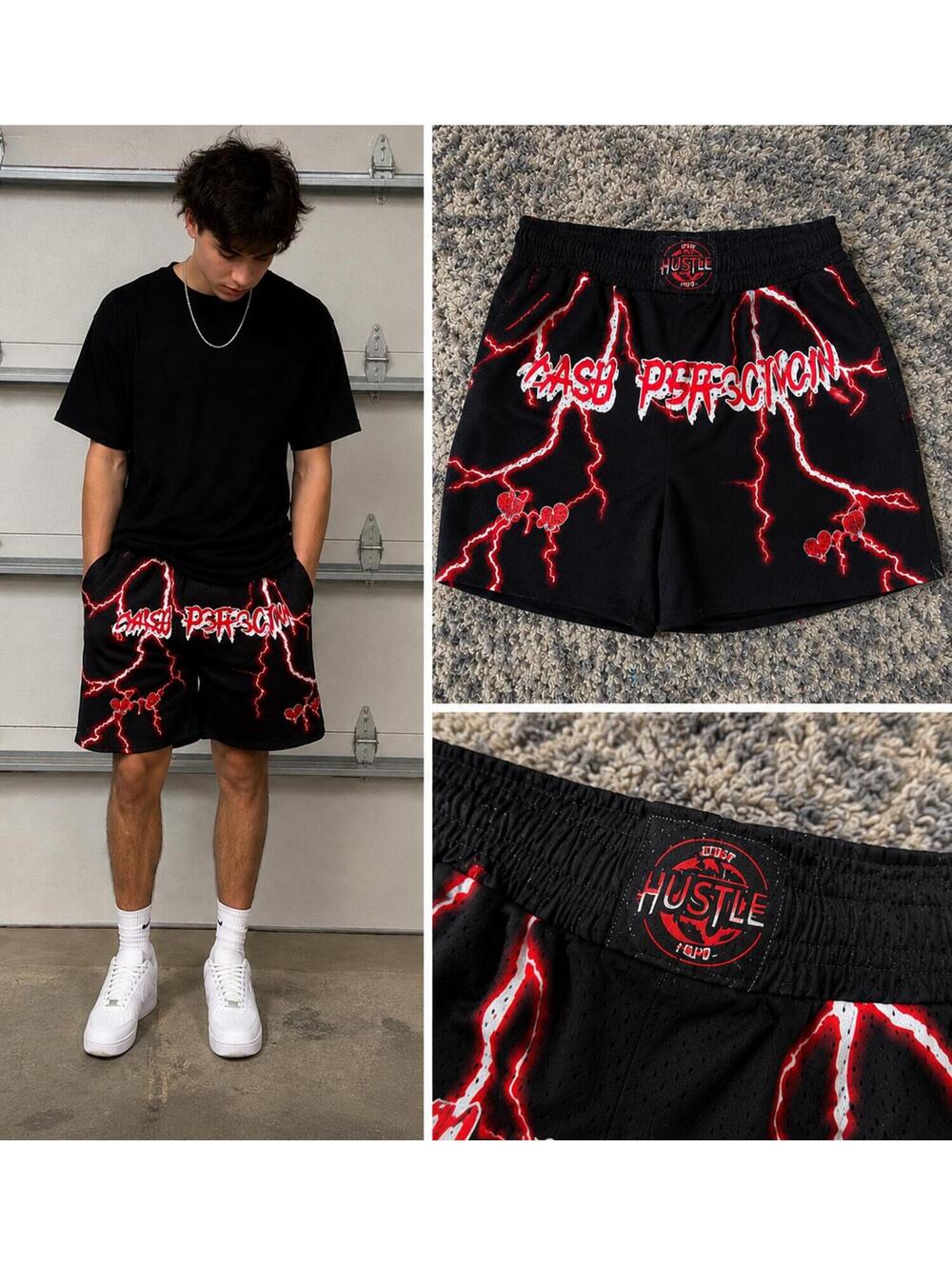 Chase Perfection Lightning Graphic Mesh Athletic Shorts Black Red Y2K